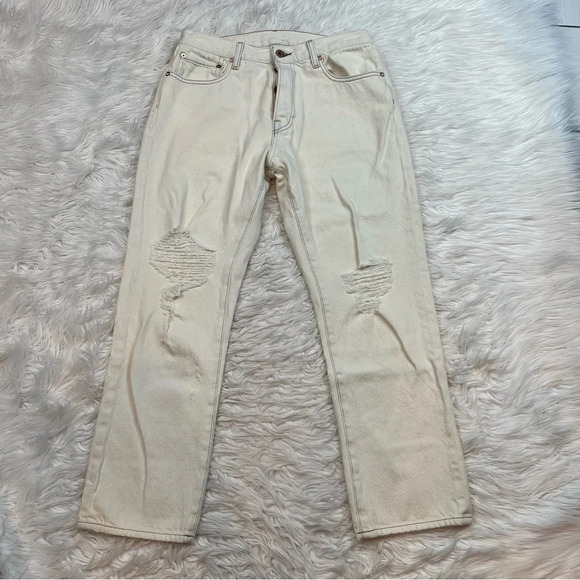 NWOT NSF Slouchy Straight Distressed Jeans Chalk Off-White Designer Casual 28 - Picture 2 of 11